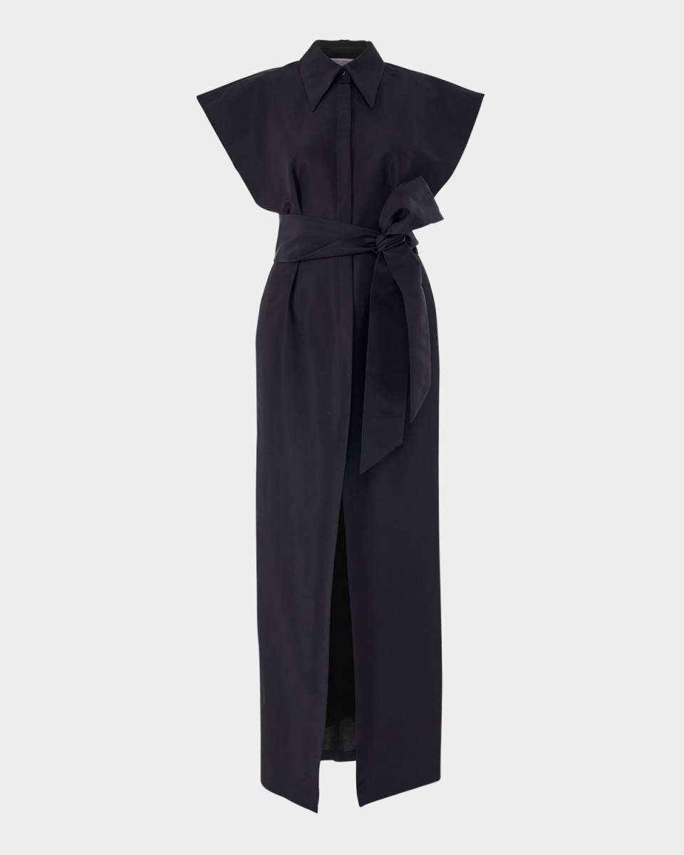 Cap-Sleeve Belted Column Trench Gown